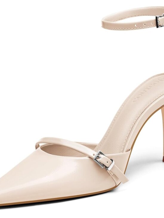 Coutgo Women's Beige Closed Pointed Toe Ankle Buckle Strap Pumps High Heels - Picture 1 of 4